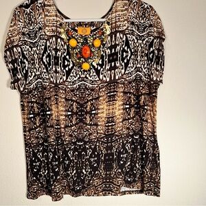 Ruby Rd Black Brown Patterned Blouse Colorful Stones